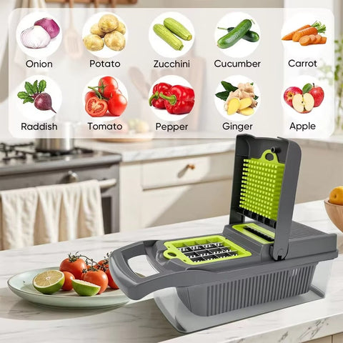 14-in-1 Multifunction Vegetable Chopper & Mandoline Slicer with 8 Interchangeable Stainless Steel Blades